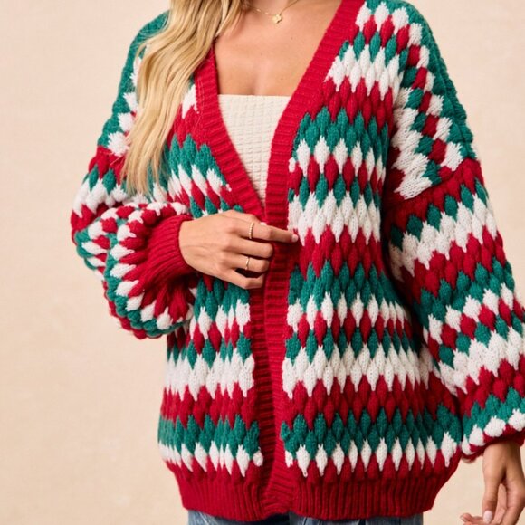 BIBI Christmas Chunky Knit Red Green White Cardigan - Picture 11 of 14